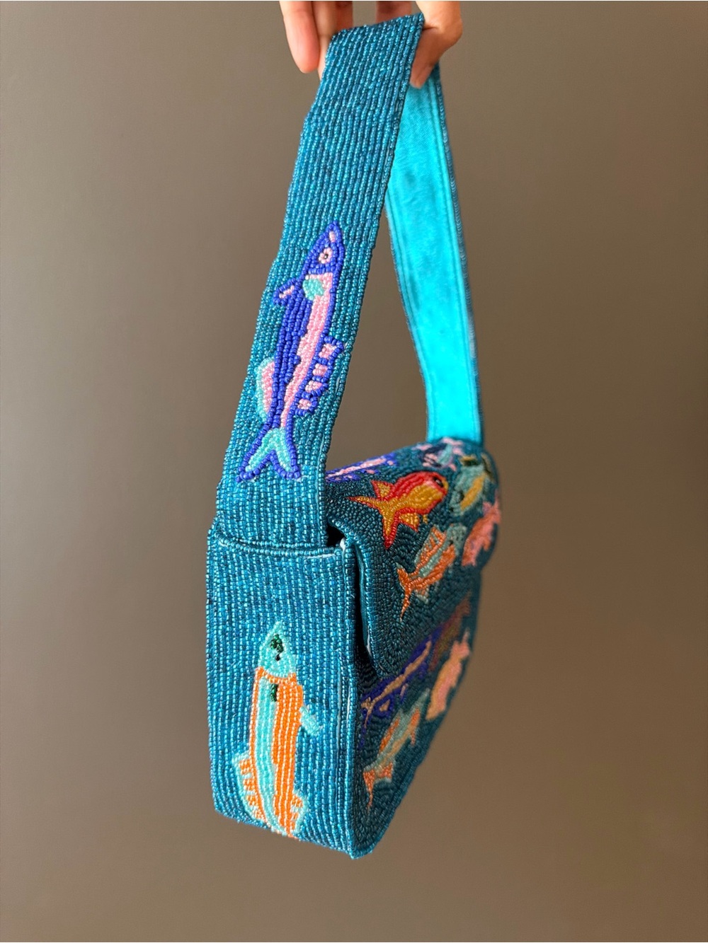 Hand-Beaded Fish Clutch in Teal with Multi-Color Fish Motif - Picture 6 of 8